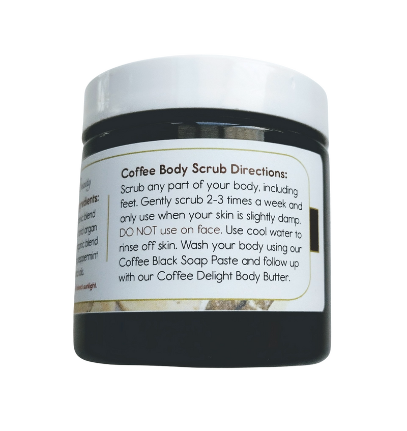 ALL NATURAL COFFEE and WALNUT BODY SCRUB (Excellent for uplifting dead, dull skin and helps in scar healing) - DIRECTIONS: Use a teaspoon size amount to scrub any part of your body. GENTLY scrub (NOT VIGOROUSLY SCRUB) 2-3 times a week and ONLY use when your skin is slightly damp. Use to your discretion, by using more or less as needed. Use cool water to rinse off skin. Wash your body using our Coffee Black Soap Paste and follow up using our Coffee Delight Body Butter. Miami, Ft Laud, Palm Beach, So Florida