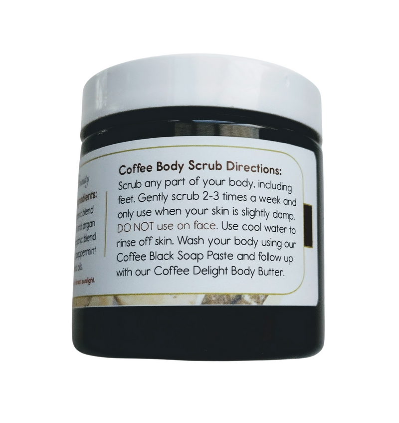 ALL NATURAL COFFEE FOOT SCRUB Made with organic argan oil, peppermint - DIRECTIONS: Give your feet extra attention before going to bed: Soak your feet for about 10 minutes in water and pat dry. Using your fingers, scoop out a sufficient amount of your COFFEE FOOT SCRUB and gently exfoliate your feet. After scrubbing, gently rub your heels and/or any other problematic part of your feet with a loofah and if needed, add more of your FOOT SCRUB to help remove dead skin. Miami, Ft Laud, Palm Beach, So Florida